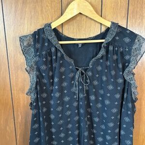Lucky Brand Black Geometric Print Tie Neck Ruffle Sleeve Top Plus Size 3X/3G